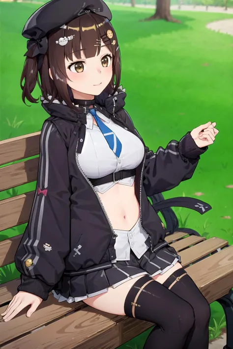 (masterpiece, best quality), 1girl, solo, bench
<lora:nanamiVR_v2:0.7>,vr-nanami, hair ornament, jacket, hat, thighhighs, sitting