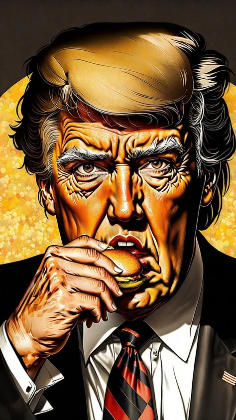 Donald Trump eating a hamburger, (taking a bite:1.3) of a large hamburger, head tilted, messy, ketchup, mustard, tomatoes, fast food, backlit, intricate details, highly detailed, slate atmosphere, (cinematic:1.3), dimmed colors, dark shot, muted colors, film grainy, lut, spooky, detailed face, complex background, intricate background, detailed background, soft light, sharp