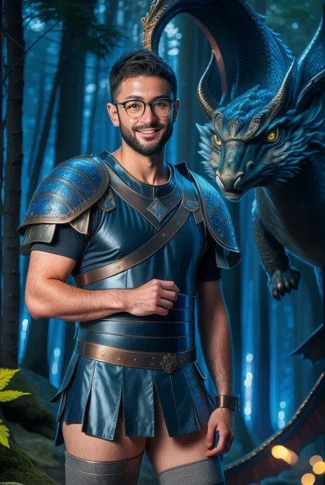 Award winning realistic photography of epic medieval gladiator with sculpted body, short beard and glasses posing in dark forest with dragons, posing and smiling, fine art, hdr, hyper detailed, blue lights, dramatic lighting, intricate details, intricate background