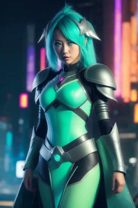 a profesional picture of 1girl Tra'sha - cyber samurai girl wearing ([ancient japan :cyberpunk:15]_armor:1.2), with neon cyan leds and sword, she ahs green glowing hair and cyan brews, she has slim body with long legs and small breasts, tall, one eye is whie one is balck, (((multicolored eyes))) BREAK,  ultrasharp, ultradetailed, perfect quality, masterpiece, intricated details, ultra clear,  <lora:add_detail:0.4>, <hypernet:sxzBloom_sxzBloom:0.3>, AS-YoungerV2  hotify, vivid colors by Ross Tran by Piotr Foksowicz  <lora:çº¢èçé¾å®æç:0.72> photo_focus