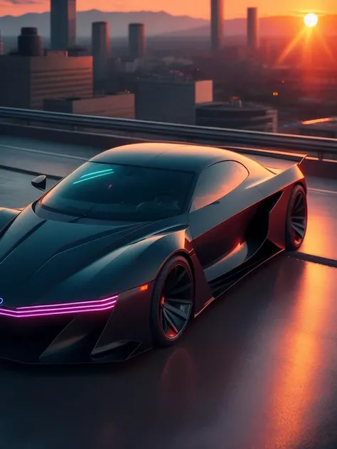 luxury cyberpunk car, sunset, view from roof, city lights in the background, road, dark horror futurism, cinematic, fine details, 8k, (dark shot:0.7), Subsurface scattering, (ambient lighting:1.3), (ArtStation:1.3)