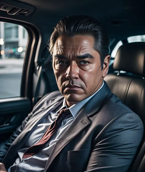 still of a criminal mob boss in a car front seat, portrait, zeiss lens, ultra realistic, (high detailed skin:1.2), 8k uhd, dslr, Dramatic Rim light, high quality