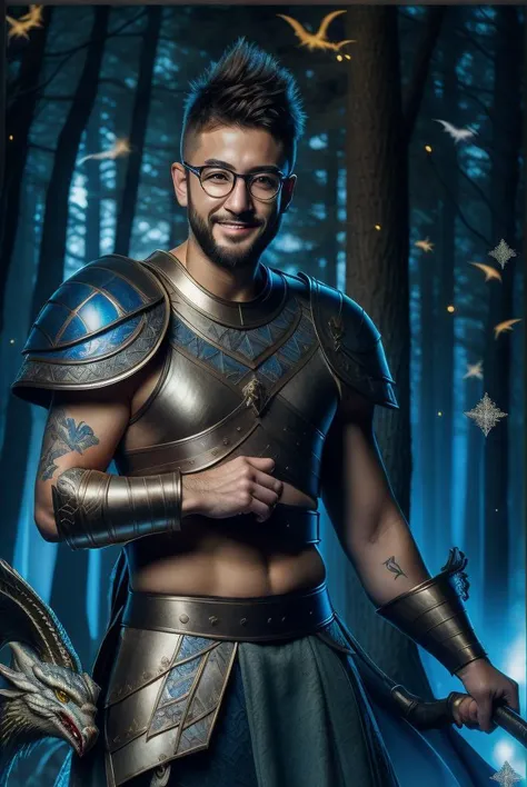 Award winning realistic photography of epic medieval gladiator with sculpted body, short beard and glasses posing in dark forest with dragons, posing and smiling, fine art, hdr, hyper detailed, blue lights, dramatic lighting, intricate details, intricate background