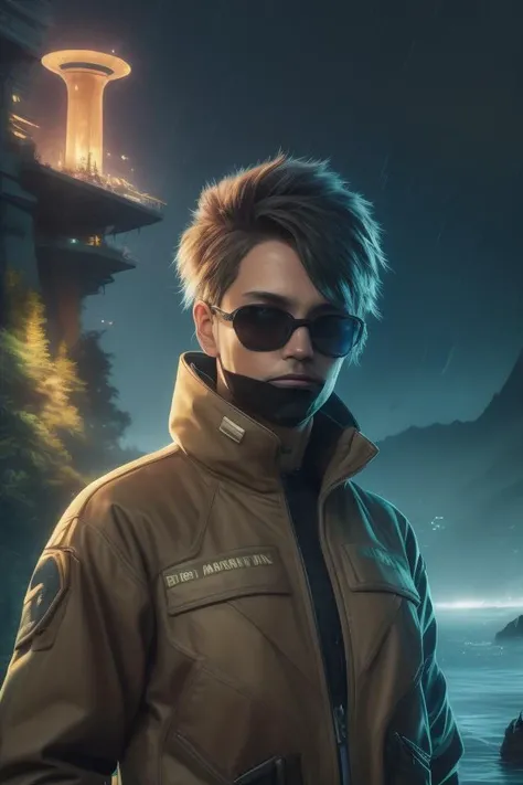 photo, ModernFutures style, a futuristic building lit up at night in the rain, (handsome skirmisher man) in Coyote Brown Flight Suit wearing mask and sunglasses, ruins tropical seasonal forest in background, Nighttime Sky, death stranding style: a woman standing in front of a body of water (Death Stranding style:0.6)