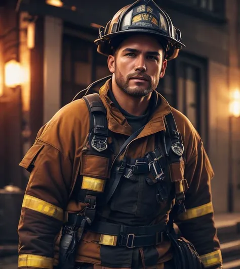photo of a firefighter in front of a building. large tough gritty man, detailed fabric. textures, photo, detailed, cinematic, hdr, 4k, realistic skin, color grading, sharp focus, ultra high quality