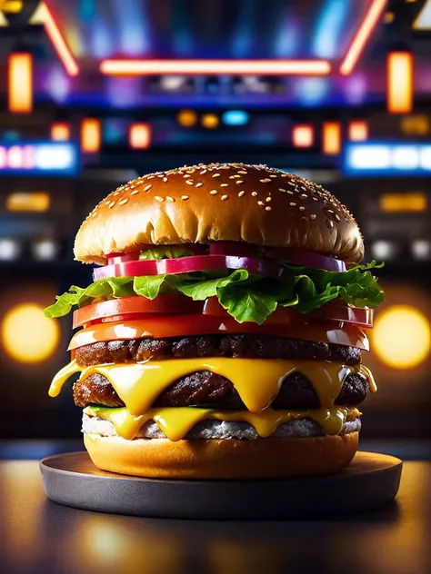 product shot of ultra realistic juicy cheeseburger against a nightclub interior, closeup, backlit, advertisement