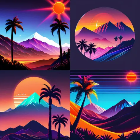 <lora:SynthwaveT-shirt:1>mountains, palm trees and sun, vectorized, synthwave, purple blue red orange, bright neon colors on a dark background