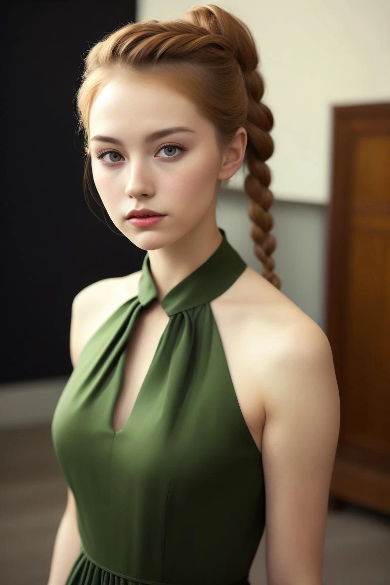 a profesional picture of 1girl Axta - British girl with brown side braid ponytail and small breasts, freckles, green simple dress, young , face with distinct facial features BREAK, ultrasharp, ultradetailed, perfect quality, masterpiece, intricated details, ultra clear, <lora:add_detail:0.4>, <hypernet:sxzBloom_sxzBloom:0.3>, AS-YoungerV2 hotify, vivid colors by Simon Bisley by Benedick Bana, messy, streaks <lora:红èçé¾å®æç:0.72> photo_focus