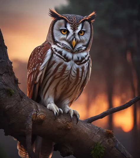 photo of an owl on a tree branch at dawn. textures, photo, detailed, cinematic, hdr, 4k, realistic. color grading, sharp focus, ultra high quality