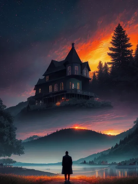 unsettling frightening horror, digital art by greg rutkowski and thomas kinkade in a surreal portrait style. high detailed 8k wallpaper with comic book" text on it! trending atrstation!! muted colours!!! very coherent symmetrical artwork!!!! conceptart contest winner award winning masterpiece beautiful landscape painting of the year 2032 sunset dramatic dark atmospheric cinematic lighting low angle hd 4x