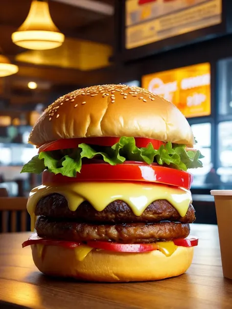 product shot of ultra realistic juicy cheeseburger against a fast-food restaurant interior, closeup, backlit, advertisement