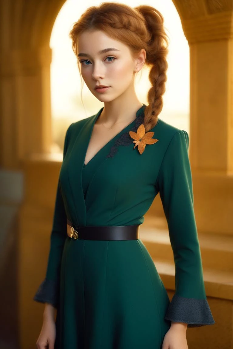 a profesional picture of 1girl Axta - British girl with brown side braid ponytail and small breasts, freckles, green simple dress, young , face with distinct facial features BREAK, ultrasharp, ultradetailed, perfect quality, masterpiece, intricated details, ultra clear, <lora:add_detail:0.4>, <hypernet:sxzBloom_sxzBloom:0.3>, AS-YoungerV2 hotify, vivid colors by Paul Gaugui by Craig Mullins <lora:红èçé¾å®æç:0.72> photo_focus