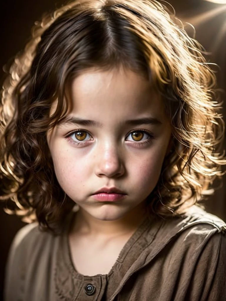 close up war photo of a  and homeless girl ((dressing an old torn clothes)), (shy), 1girl, solo, brown and curly and messy hair, very detailed face, beautiful eyes, [chubby], adorable, with rosy cheeks and bright, sad eyes, stunningly beautiful, (Rembrandt Lighting), zeiss lens, ultra realistic, (high detailed skin:1.2), 8k uhd, dslr, Dramatic Rim light, high quality, Fujifilm XT3,