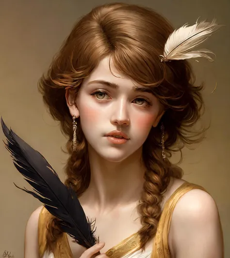 Classical art portrait painting of teen enticing with a feather, (Academic Art:1.4), Eugene De Blaas, John William Godward, Bouguereau