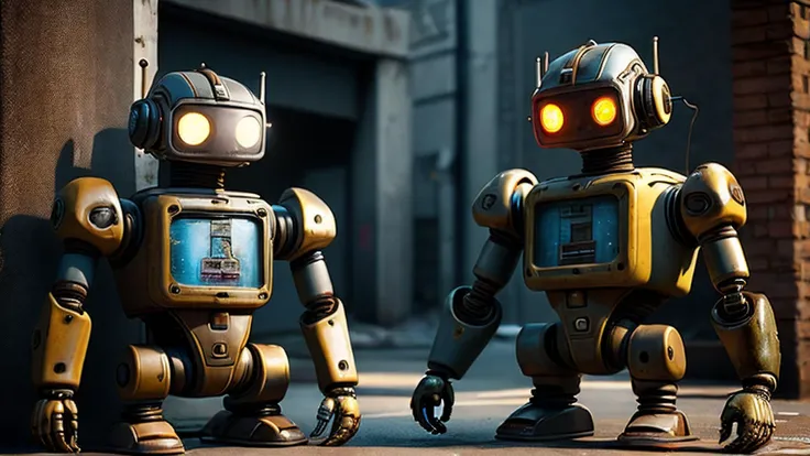 (Realistic:1.5), cute (search and rescue) 2robots (oily metal rusty robots) in a (dirty (dark back_alley)), (graffiti on the walls), at night, (rubble), dust, particles, photorealistic, octane render,(hyperrealistic:1.2), best quality, dynamic pose, looking at the viewer, sharp focus,(8k), (4k), (Masterpiece), (Best Quality), fantasy, extremely detailed, intricate, hyper-detailed, (perfect face), illustration, soft lighting,(specular lighting:1.4), ray tracing, dystopian,