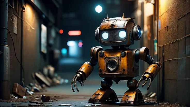 (Realistic:1.5), cute (search and rescue) (oily metal rusty robot) in a (dirty (dark back_alley)), (graffiti on the walls), at night, (rubble), dust, particles, photorealistic, octane render,(hyperrealistic:1.2), best quality, dynamic pose, looking at the viewer, sharp focus,(8k), (4k), (Masterpiece), (Best Quality), fantasy, extremely detailed, intricate, hyper-detailed, (perfect face), illustration, soft lighting,(specular lighting:1.4), ray tracing, dystopian,