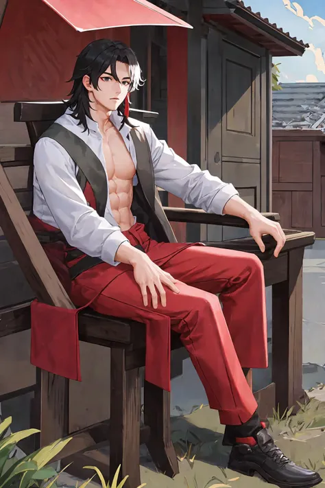 sit,outdoor,guanyu,bangs,Streaked hair,1boy,masterpiece, best quality, <lora:guanyu-v6-000025:0.7>
