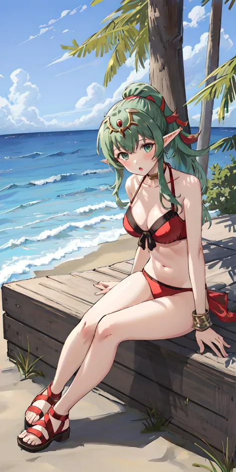 masterpiece, <lora:tiki-10:0.8>, tiki fe, 1girl, solo, looking at viewer, beach background, :o, full body, detailed face, red bikini, facing viewer, midriff, thick thighs, blushing