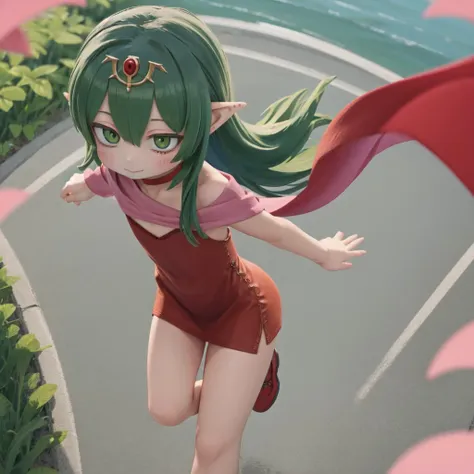 masterpiece, 1girl, solo, smile,red sleeveless short dress, pink stole, green hair,tiara,  green eyes, running, from above,
<lora:tiki-fef:0.8>tiki fe, flat chest, small breast,nature,