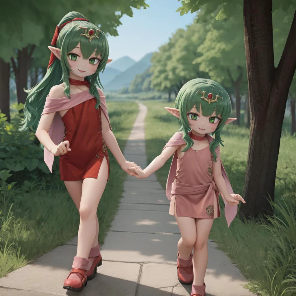masterpiece, 1girl, smile,red sleeveless short dress, pink stole, green hair,tiara, green eyes, walking,
<lora:tiki-fef:0.8>tiki fe, flat chest, small breast,nature,