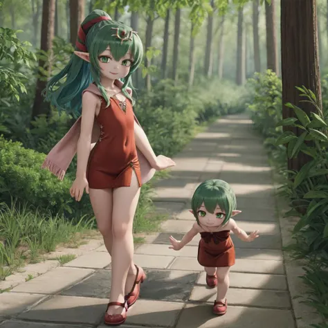 masterpiece, 1girl, smile,red sleeveless short dress, pink stole, green hair,tiara,  green eyes, walking, 
<lora:tiki-fef:0.8>tiki fe, flat chest, small breast,nature,