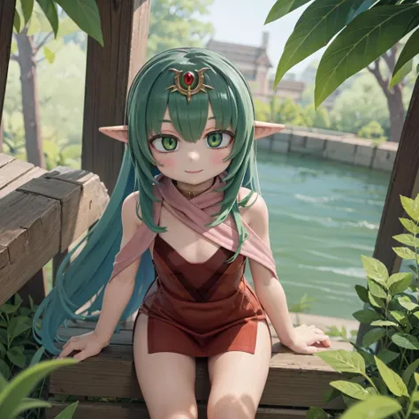 masterpiece, 1girl, smile,red sleeveless short dress, pink stole, green hair,tiara, green eyes, looking at viewer, pov,
<lora:tiki-fef:0.8>tiki fe, flat chest, small breast,nature, dragon,