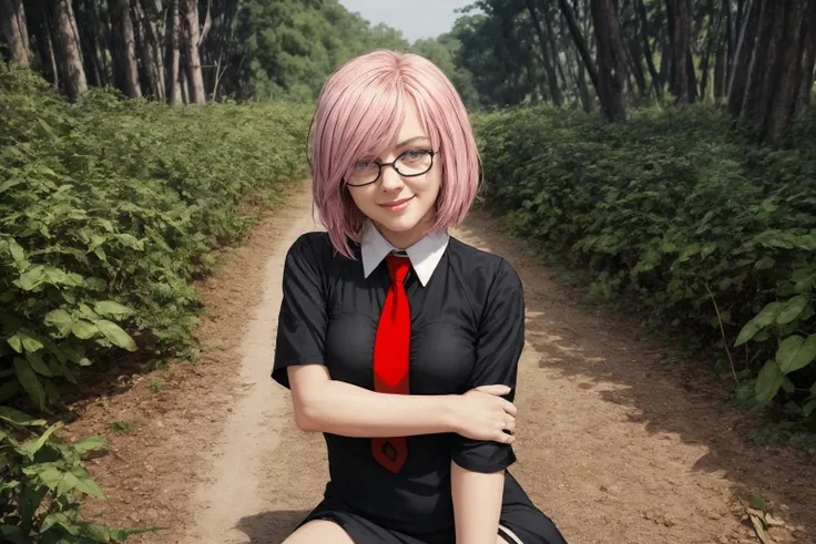masterpiece, Highest Quality, Highest Resolution, forest background, perfect perspective, sharp image, perfect details, perfect lighting, perfect shadows, Perfect lighting, Best background, 
<lora:fate_mashkyrielight_v2:1> kyriedef, pink hair, hair over one eye, glasses, short black dress, red necktie, pantyhose seductive pose, seductive smile, looking at viewer,  good lighting, (realistic: 1.7)
