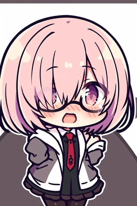 Chibi, portrait of Embarrassed Mash, Face blush, open mouth, wavy eyes, 
kyriedef, hair over one eye, glasses, jacket, black dress, red necktie, pantyhose
 <lora:fate_mashkyrielight_v2:0.7>