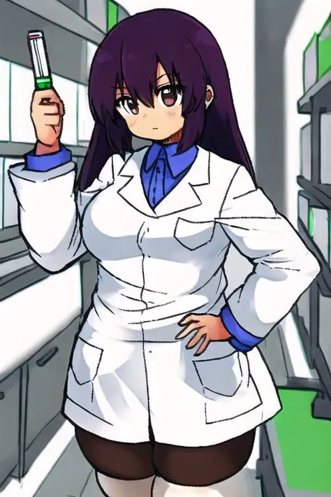 1women, , pharmacist, white Doctor Coat, Blunt bangs, deep purple hair, low twin tail, ((no panties)), (no bra), ((small tits)), 身長は147cm, Bcup, no clothes, have an intravenous drip, full body, solo, smile, ultra-detailliert, masutepiece, 4k, 8k, laboratory, Facing the front,