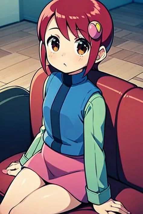 Mayl_MM, hair ornament, red hair, brown eyes, blue vest, green long sleeves, pink skirt, black thighhighs, red footwear, short hair, indoors, living room, sitting on couch,