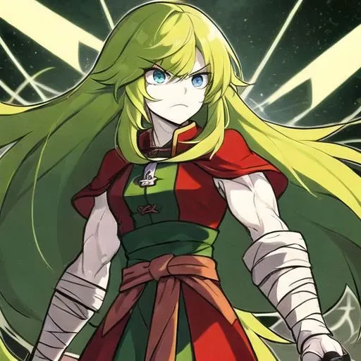 1 female, human, pale skin, muscular, green hair, long hair, green long hair, blue eyes, wearing red and black cloak, wearing bandages on arms, bandages wrapped around arms, magic spell marks on bandages, BODYBUILDER, fit, angry face