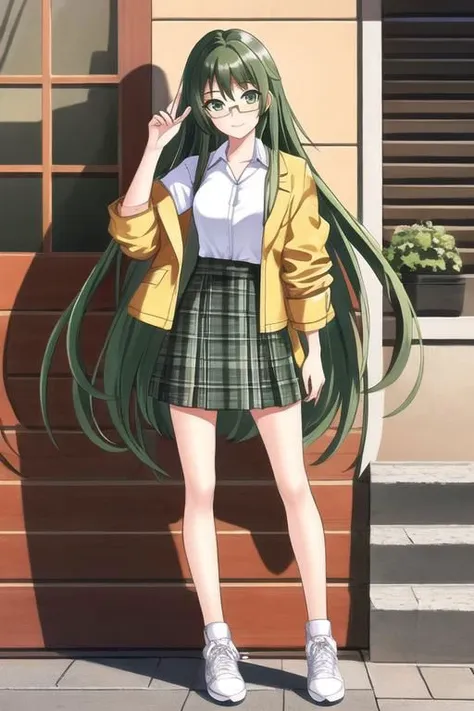 hi-res, best quality, masterpiece, 4k,  detailed face, beautiful eyes, beautiful face, 1girl. full body, glasses, green eyes, green hair, (ning;supermechachampions), jacket, long hair, looking at viewer, plaid, plaid skirt, semi-rimless eyewear, shirt, shoes, skirt, solo, standing, twin tails, under-rim eyewear, very long hair, white footwear