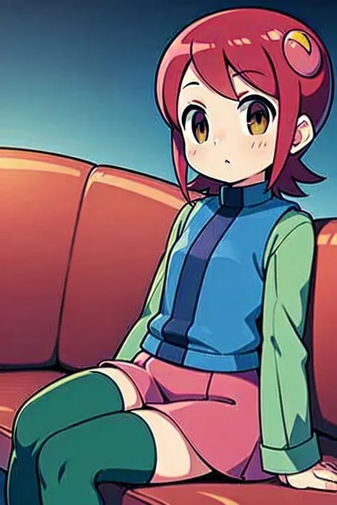 Mayl_MM, hair ornament, red hair, brown eyes, blue vest, green long sleeves, pink skirt, black thighhighs, red footwear, short hair, indoors, living room, sitting on couch,