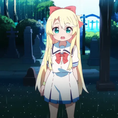 <lora:tenshi2-000006:1>, himesaka noa, (:3:1.0), blonde hair, long hair, green eyes, hair bow, solo, bending, open mouth, blue school uniform, master piece, looking at viewer, HD, 4K, realistic image, water rain, dark night, cemetery, darkness