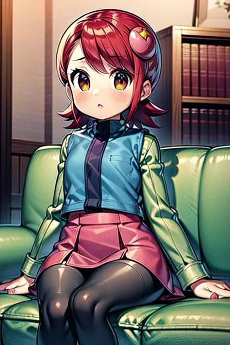 Mayl_MM, hair ornament, red hair, brown eyes, blue vest, green long sleeves, pink skirt, black thighhighs, red footwear, short hair, indoors, living room, sitting on couch,