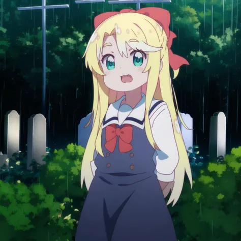 <lora:tenshi2-000006:1>, himesaka noa, (:3:1.0), blonde hair, long hair, green eyes, hair bow, solo, bending, open mouth, blue school uniform, master piece, looking at viewer, HD, 4K, realistic image, water rain, dark night, cemetery, darkness