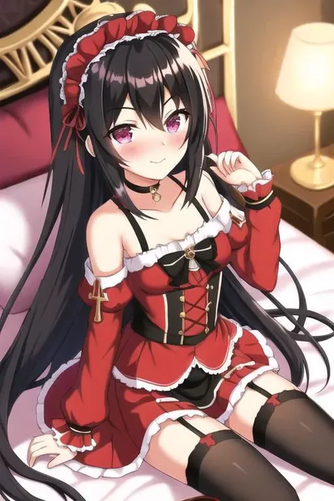 best quality, highres, masterpiece, nose blush,  <lora:BARD713V3:0.8>  <lora:gothicL1v:0.8> ,gothic , 1girl, blurry, boots, choker, closed mouth, cross-laced footwear, eyebrows visible through hair, eyepatch, frills, fruit, garter straps, hairband, long hair, looking at viewer, nakar34ra, night, pillow, pink dress, pink rose, smile, solo, thighhighs, tokisaki kurumi, underwear, very long hair <lora:add_detail:0.05>