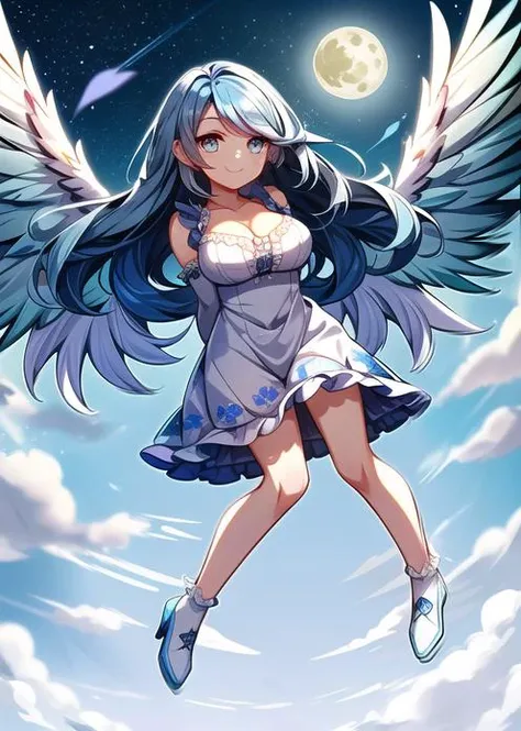(masterpiece, high quality, best quality, 8k, 4k, (intricate:1.1), (high detail:1.3)), looking a viewer, full body, female, beautiful face, (aquamarine eyes, beautiful detailed eyes, cornflower blue eyebrows, cornflower blue eyelashes, cornflower blue hair, long hair, gradient hair, feathered wings, cerulean blue wings:1.4), intricate eyes, large breast, white bluish dress, detailed dress design, frills, white gloves, elbow gloves, argyle, argyle legwear, smile, dynamic pose, perfect anatomy, (arms behind back: 1.2), flying, cloud, full moon, (official wallpaper, volumetric lighting, dynamic lighting), depth of field, landing_wings, <lora:landing_wings:0.6>, <lora:hyperdetailer_v095:0.5>, <lora:EyesGen:0.4>
