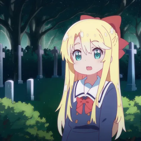 <lora:tenshi2-000006:1>, himesaka noa, (:3:1.0), blonde hair, long hair, green eyes, hair bow, solo, bending, open mouth, blue school uniform, master piece, looking at viewer, HD, 4K, realistic image, water rain, dark night, cemetery, darkness