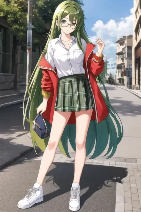 hi-res, best quality, masterpiece, 4k,  detailed face, beautiful eyes, beautiful face, 1girl. full body, glasses, green eyes, green hair, (ning;supermechachampions), jacket, long hair, looking at viewer, plaid, plaid skirt, semi-rimless eyewear, shirt, shoes, skirt, solo, standing, twin tails, under-rim eyewear, very long hair, white footwear