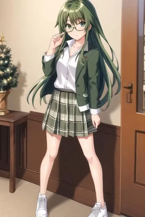 hi-res, best quality, masterpiece, 4k,  detailed face, beautiful eyes, beautiful face, 1girl. full body, glasses, green eyes, green hair, (ning;supermechachampions), jacket, long hair, looking at viewer, plaid, plaid skirt, semi-rimless eyewear, shirt, shoes, skirt, solo, standing, twin tails, under-rim eyewear, very long hair, white footwear