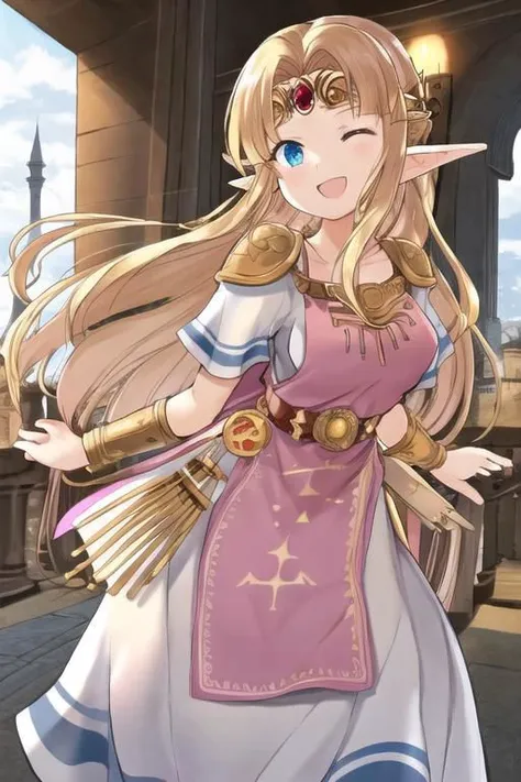 1 girl, blush, small cuts, very happy, giggles alot, left black eye, wave hands, arm at waist level, in the castle, balcony, carpet, majestic, best quality, masterpiece, ultra detailed, full color, <lora:zelda-albw-fef:1.0:lbw=BODY>, zelda-albw, blonde hair, long hair, elf ear, large breast, white dress, light pink dress, light pink apron, pale pink apron, gold bracer, jewelry, white mini skirt,