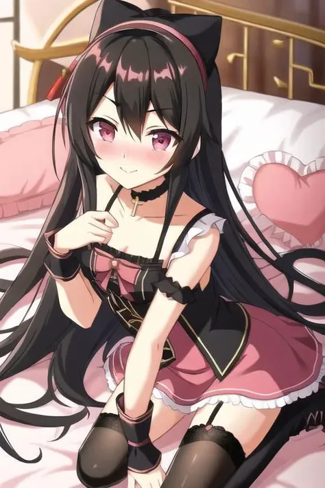 best quality, highres, masterpiece, nose blush,  <lora:BARD713V3:0.8>  <lora:gothicL1v:0.8> ,gothic , 1girl, blurry, boots, choker, closed mouth, cross-laced footwear, eyebrows visible through hair, eyepatch, frills, fruit, garter straps, hairband, long hair, looking at viewer, nakar34ra, night, pillow, pink dress, pink rose, smile, solo, thighhighs, tokisaki kurumi, underwear, very long hair <lora:add_detail:0.05>