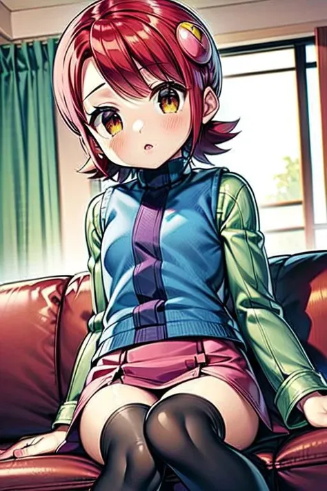 Mayl_MM, hair ornament, red hair, brown eyes, blue vest, green long sleeves, pink skirt, black thighhighs, red footwear, short hair, indoors, living room, sitting on couch,