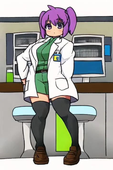 girl scientist in a lab coat, plump, thighhighs, thighs