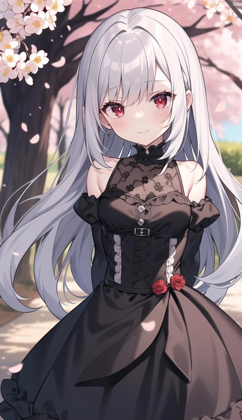 masterpiece, best quality, intricate, long hair, silver hair, red eyes, dress, frills, gothic, arms behind back,
outdoors, cherry blossoms, depth of field,