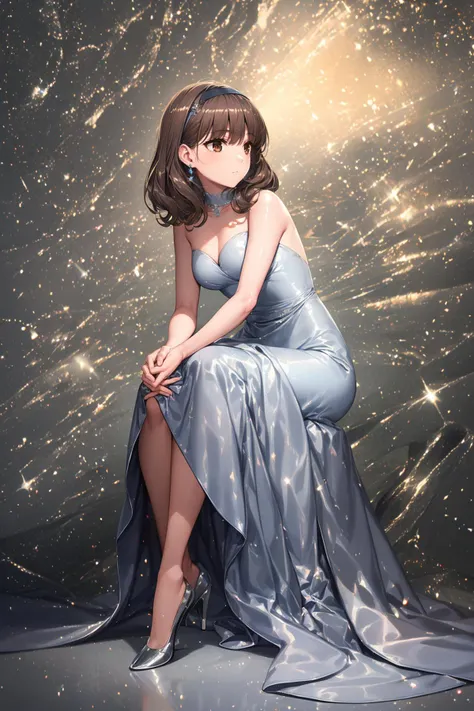 masterpiece,8k high quality detailed,highres,anime,<lora:velvia:0.6>,
illustration \(artbook\),photo \(female\),
<lora:Sasaki Kaori(umm):0.7>,Sasaki Kaori,1girl,medium hair,brown hair,wavy hair,black hairband,hair intakes,blunt bangs,brown eyes,medium breasts,detailed_face,(Contemplative expression),(<lora:xingkong_20240615181255:0.7>,a Dior gown made of shining glitter fabric with blue and silver colors,a long dress flying to the ground),(((Sitting with legs crossed and hands on knees))),
(<lora:more_details:0.3>,realistic clothing texture,realistic_skin_texture),solo,