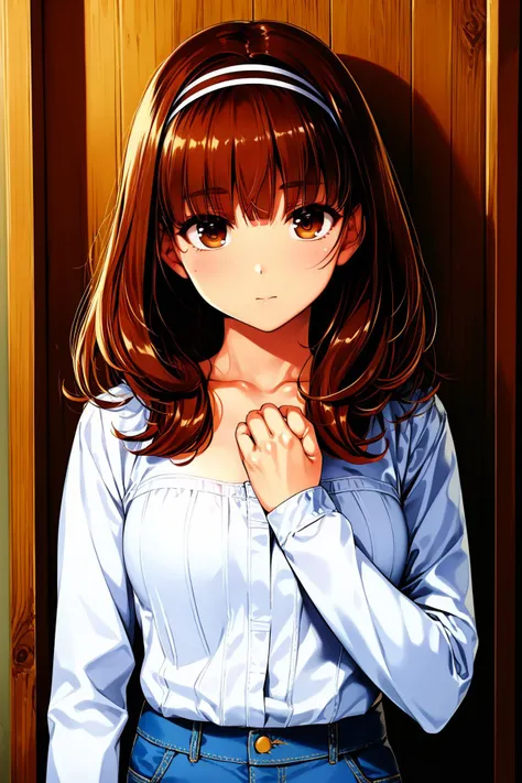 masterpiece,8k high quality detailed,highres,anime,<lora:velvia:0.6>,
illustration \(artbook\),photo \(female\),
<lora:Sasaki Kaori(umm):0.7>,Sasaki Kaori,1girl,medium hair,brown hair,wavy hair,black hairband,hair intakes,blunt bangs,brown eyes,medium breasts,detailed_face,(Proud:1.2),(<lora:wd3n1m:0.5>,d3n1m,white denim,white denim shorts,white denim jeans,flare jeans,denim top),(((Hands framing face))),
(<lora:more_details:0.3>,realistic clothing texture,realistic_skin_texture),solo,