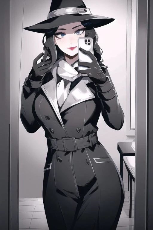 <lora:pose selfie mirror:1> selfie, holding phone, mirror,  <lora:The_Silver_Shroud_Fallout:1> silvershroud, black hat, gray scarf, long black coat, black gloves, black pants, black shoes, black hair, female, lipstick, best quality, masterpiece, detailed, 8K, uhd, (extremely detailed CG unity 8k wallpaper),(masterpiece), (best quality), (ultra-detailed), (best illustration), detailed face, skin pores, detailed skin, detailed eyes, high quality eyes, good quality hands, high resolution, OverallDetail,