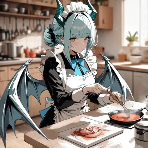 solo,kitchen,maid,1girl,anime,horror,grimdark,hideously mutated flesh dragon maid,dragon girl,horns,scene from kobayashi-san chi no maidragon,:3,portrait,upper body,2d,art by studio ghibli, <lora:FleshMonstrosityXLV2:0.4>